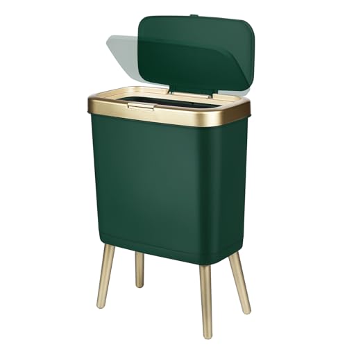 Yatgowell YA-002 Office Trash Can With Lid,Slim Bathroom Garbage Can With Lid, 4 Gallon Kitchen Trash Bin With Gold Edge,Modern Green Trash Can Waste Basket cover