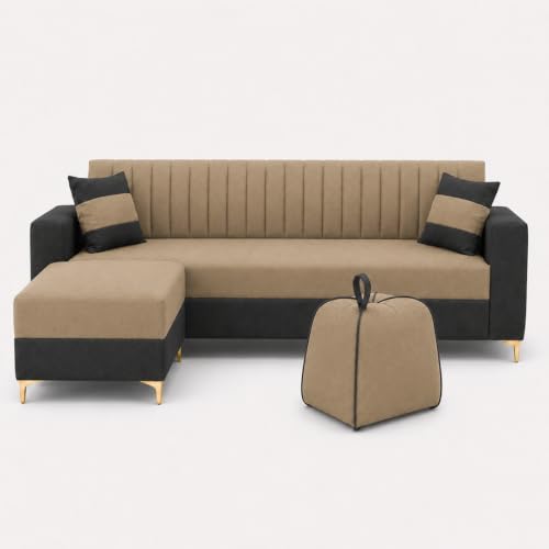 Image of FURNY Signature Regalia 4-Seater L-Shape Sofa Set with Movable Ottoman & Suri Pouf | Flexible LHS /RHS Layout | Boston Fabric | 40D Foam + Zigzag Spring | 3-Yr Warranty (Steel Grey -Beige)