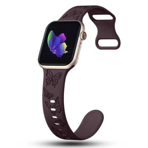 Image of Butterfly Engraved Bands Compatible with Apple Watch Band 41mm 40mm 38mm 49mm 46mm 49mm 46mm 45mm 44mm 42mm Women, Silicone Sport Strap for iWatch Series SE 10 9 8 7 6 5 4 3 2 1 SE Ultra
