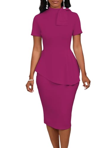 Image of WanMem Women Formal Bodycon Peplum Cocktail Dress Short Sleeve Bow Ruffle Pencil Party Midi Dresses