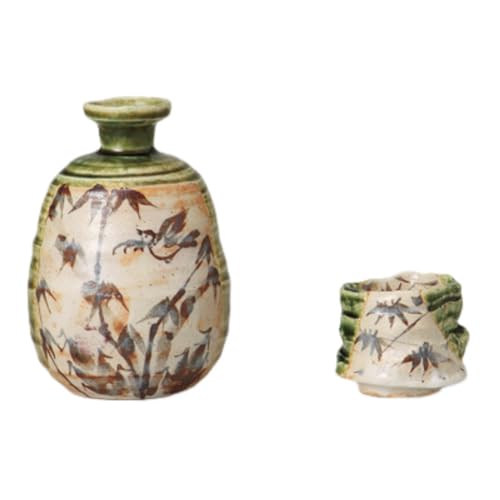 エールネット(Ale-net) 酒器セット 徳利 おちょこ セット 織部竹絵 徳利 & 盃 (2個付) セット 陶器 美濃焼 冷酒器 熱燗 日本酒 酒器 とっくり 日本製