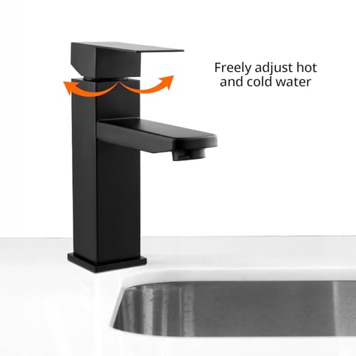 QWORK® Waschbeckenarmatur Schwarz, Badezimmer Wasserhahn mit 2 Schläuchen, Edelstahl Quadratisch Heiß Kalt Mischbatterie, für Garten Küche Bad