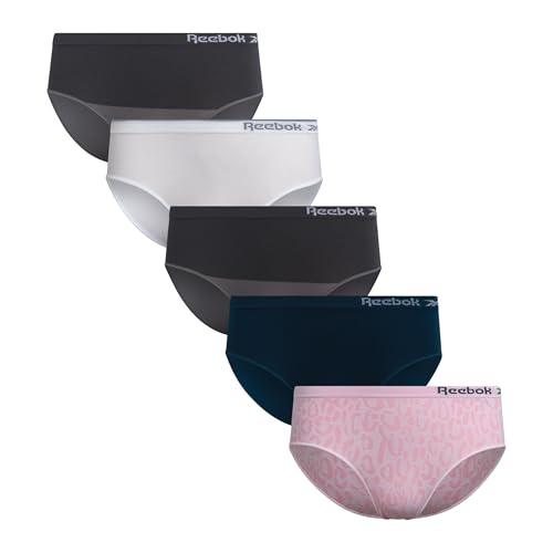 Reebok Girls Underwear Hipster Panties - 5 Pack Soft Seamless Stretch Performance Briefs Underwear for Girls Size 12-14 White/Majolica Blue/Steel Grey/Pink Jacquard