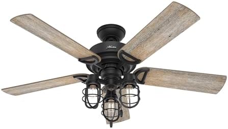 Hunter 52 inch Outdoor or Indoor Ceiling Fan with LED Lights and Pull Chain - Black Ceiling Fan, Standard Mount, 5 Blades, For Patio, Porch, Garage, or Living Room- Starklake 50409, Natural Black Iron