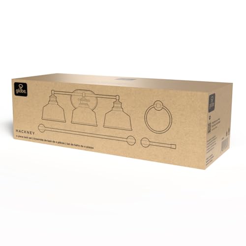 Image of Globe Electric 4-Piece All-in-One Bathroom Set, Matte Black, 3-Light Vanity Light with Clear Glass Shades, Towel Bar, Toilet Paper Holder, Towel Ring