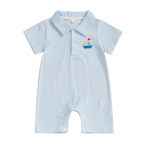 Gueuusu Newborn Baby Boy Beach Outfit Sailboat/Crawfish Embroidery Button Romper Striped Lapel Short Sleeve Bodysuit Clothes