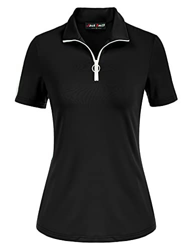 Women Golf Tops Short Sleeve Summer Sports Athletic Shirts Upf 50+ Tennis Shirt Half Zip Outdoor Tee Black S #TOP1