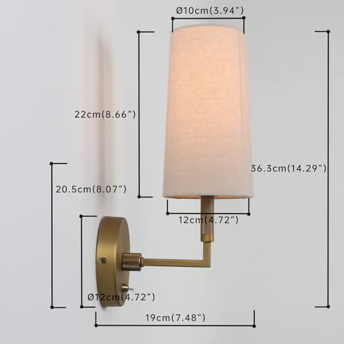 Image of Brass Wall Sconces Set of Two, Hardwired Linen Fabric Shade Wall Lamps, Bathroom Vanity Lights Fixture with Switch, Indoor Wall Lights for Bedroom Living Room Corridor