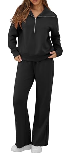 GRECERELLE Lounge Sets For Women 2025 Casual Lapel Half Zip Sweatshirt And Wide Leg Sweatpant 2 Piece Outfits Tracksuit Sets