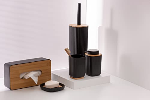 WENKO Zahnputzbecher Mod. Rotello, Becher zum Zähneputzen aus Kunststoff und Boden aus Bambus, Abstellmöglichkeit für Zahnputz-Utensilien mit griffiger Rillenstruktur, Ø 8,6 x 11,1 cm, Schwarz/Natur 6