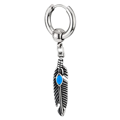 Mens Womens Stainless Steel Huggie Hinged Hoop Earrings, Dangling Feather Leaf with Turquoise3
