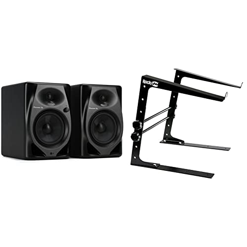 Pioneer DJ DM-50D 5-inch Active Monitor Speaker - Black & RockJam Portable DJ Laptop Stand with Adjustable Height, Anti-Slip Design, Works for Laptops, Controllers and CD Players