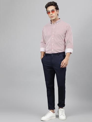 Image of Hancock Standard Slim Fit Striped Button-Down Collar Pure Cotton Casual Shirt(9607White-Red)