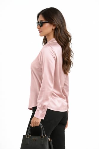 Image of Cuban Collar Cuffed Sleeves Formal Satin Shirt Style Top