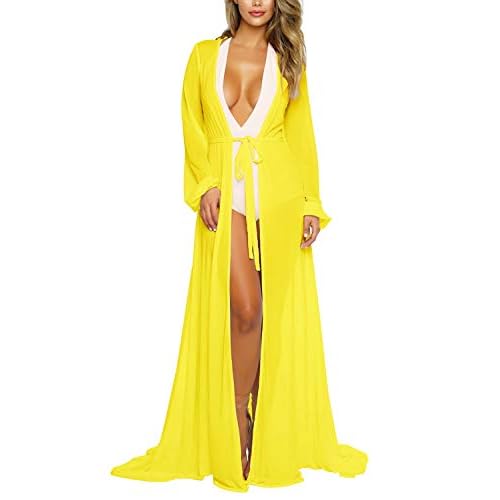 Pink Queen Women's Long Sleeve Flowy Maxi Swimsuit Tie Front Robe Cover Up Yellow Small