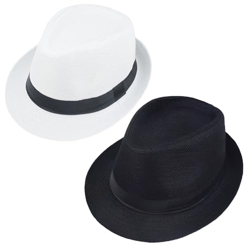 Giroir 2Pack Fedora Hats for Men Women Short Brim Unisex Short Brim Summer Beach Style 1920s Party Accessories (US Alpha Small Medium Black+White)