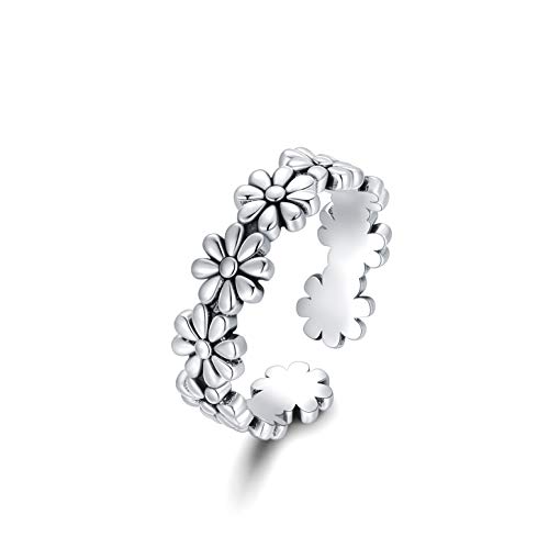 WINNICACA 925 Sterling Silver Toe Ring, Hypoallergenic Adjustable Band Ring Roses Open Ring with Retro Oxidation, Daisy Flower Toe Rings for Women