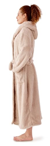 KORBLISS Robes for Women – Hooded Premium Womens Plush Soft Robe Fluffy, Warm, Fleece Sherpa Shaggy Bathrobe, Soft Warm Womens Robe with Pockets and Belt, Taupe, Large — view 3