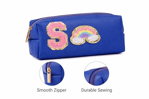 Image of AICA Gifts Personalized Leather Pencil Pouch (RoyalBlue) with Embroidered Alphabet & Patch | Pencil Pouch for Kids | Birthday Gift | Birthday Return Gift |Gift for Kids Age 6-10