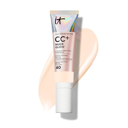 IT Cosmetics CC+ Nude Glow (Fair Porcelain) - Medium Coverage Foundation with SPF 40 & Brightening Glow Serum, Lightweight Skin Tint, 2% Niacinamide + Hyaluronic Acid, Up to 24H Hydration - 1.08 fl oz