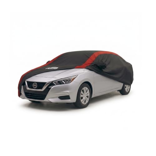 Image of Car Cover Custom Fit for Nissan Versa 2007-2026 | Red Strip Design, Driver Door Zipper, Windproof Strip, Oxford Cloth, Storage Bag