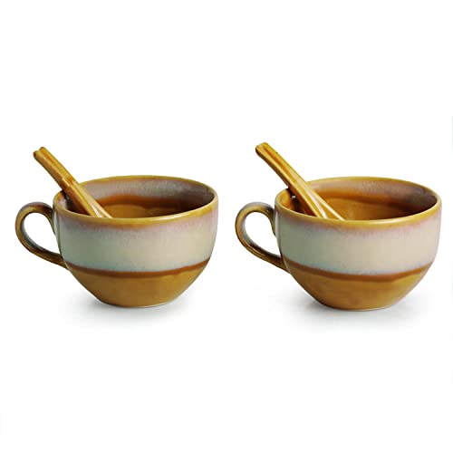 Image of ExclusiveLane Ceramic Dual Glazed Handled Ceramic Soup Bowls with Spoons & Handle, 450 ml, 2 Pieces, Mustard Yellow & Off White