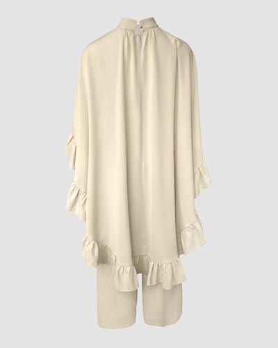 CHICME 2 Pieces Outfits for Women High-Low Ruffles Hem Cape Top and Casual Wide Leg Pants Travel Matching Sets - Image 6