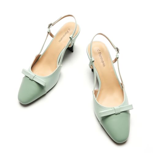 C.Paravano Women's Slingback Low Chunky Heels Mint Round Toe Block Heel Pumps Splicing Bowknot Slip On Fashion Party Dress Shoes,Size8.5