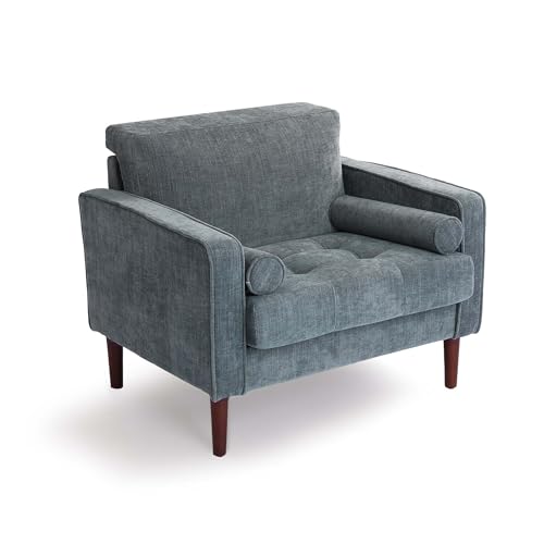Image of Accent Chairs Stet of 2, Chenille Upholstered Armchairs for Living Room, Comfy Single Sofa Bedroom Reading Seat with 2 Bolster Pillows, Blue