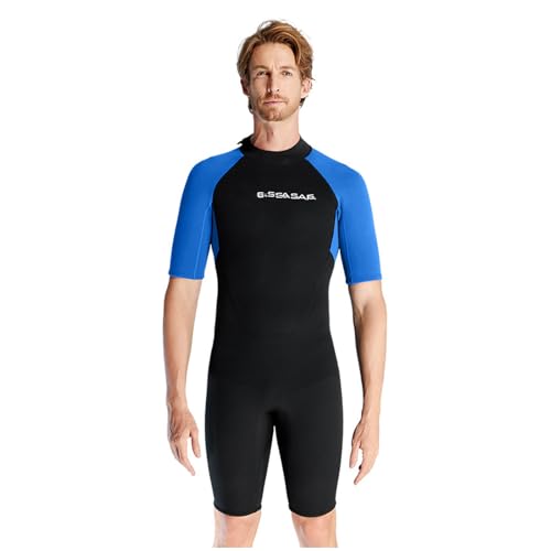 Warm Diving Suit for Men 1.5mm Neoprene Short Sleeved Wetsuit One Piece Surf Suit Back Zip Swimsuit,3XL,Blue