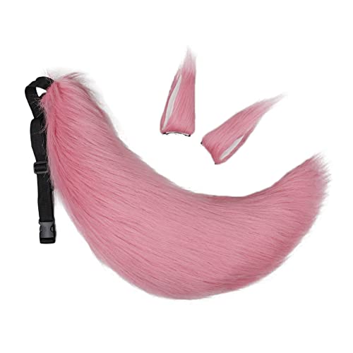 ILUFAM Handmade Fox Wolf Costume Accessories Set Fox Ears Hair Clip Hairpin and Tail Animal Anime Cosplay Halloween Party Fancy Dress (Pink)