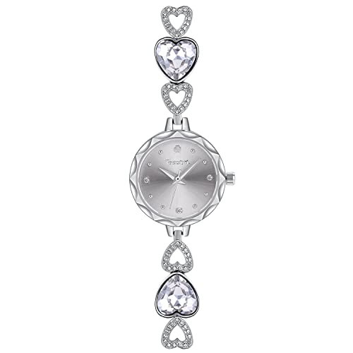 SIBOSUN Ladies Watches Heart Shaped Jewelry Bracelet Watch Women Watches Crystal Diamond Analogue Quartz Bling Silver Stainless Steel Wrist Watch Mother's Gift White