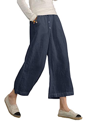 Image of Famulily Women's Comfy Drawstring Linen Pants Plain Cropped Trousers with Pockets Blue M