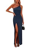 PRETTYGARDEN Women's Summer Formal Wedding Guest Dresses One Shoulder Spaghetti Strap High Slit Maxi Bodycon Dress (Navy Blue,Small)