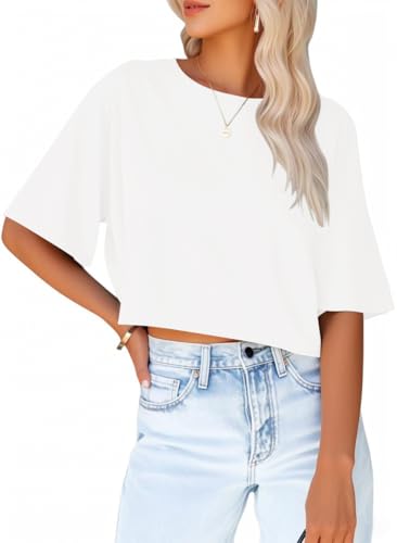 Women's Crop Tops Trendy 2025 Half Sleeve Crewneck Cropped Tee Shirts Summer Workout Tops