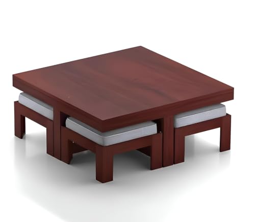 Image of Loonart Solid Sheesham Wood Coffee Table with Four Cushioned Stools | Idel for Living Room | Cafe | Restaurant | Space Saving Indoor Table Set | Finish Color - Mahogany Finish | Grey Cushion |