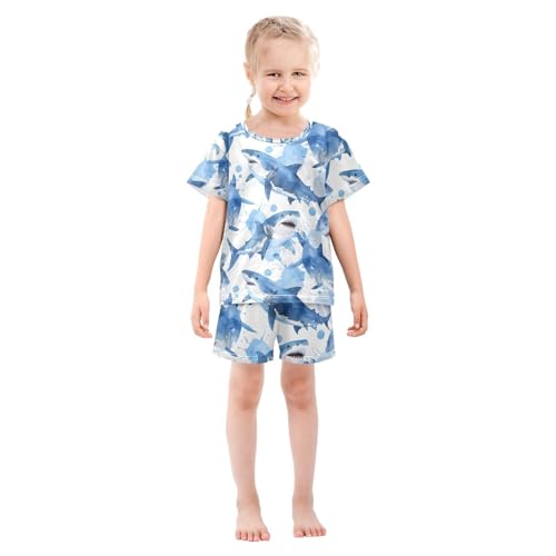 ALAZA Shark Blue Color Watercolor Pajamas Set Short Sleeve Cotton Sleepwear Summer Pjs 2 Piece 5-14Y3