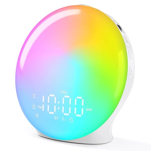 Wake Up Light Sunrise Alarm Clock for Bedroom, 17 Nightlights, Sound Machine with 5W Bluetooth Speaker, 25 Soothing Sounds, SleepTimer, Dual Alarms,...