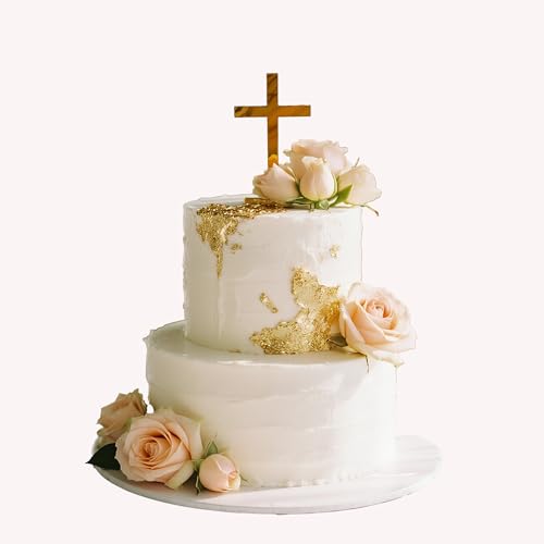 Gold Cross Cake Topper for Baptism First Communion & Christening - Acrylic Mirror Decor - 3.94 Inch Holy Cross for Baby Shower Wedding Cakes