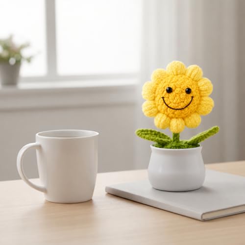 Image of 13CM Height Handmade Crochet Smiling Flower Pot for Home & Office Decor, Cute Aesthetic Desk Showpiece, Positive Vibes Table Decor, Thoughtful Gift for Friends & Loved Ones (Light Yellow)