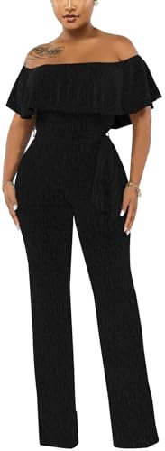 PaladMom Women's Elegant Sexy Off Shoulder Dressy Jumpsuits Plus Size Loose Wide Leg Pants Clubwear Party Sparkly Romper with Belt(Black,Large)