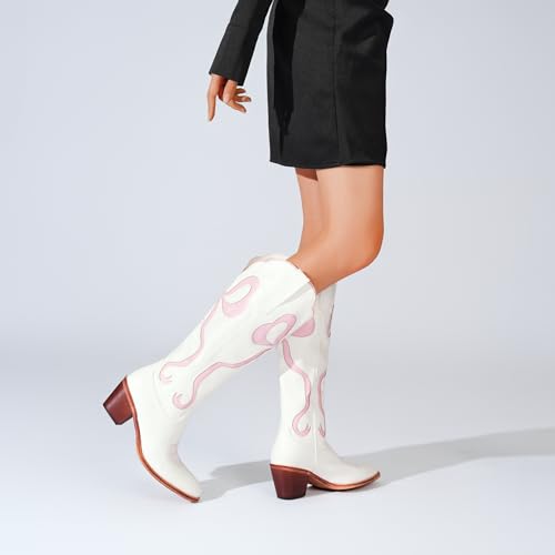 Image of Women's White Cowgirl Boots with Bow Knee High Cowboy Boots Almond Round Toe Chunky Heel Embroidered Western Cowboy Boots for Women
