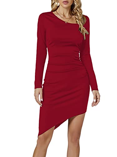 Umenlele Women’s Crewneck Long Sleeve Asymmetric Hem Ruched Bodycon Short Mini Dress Wine Red Medium #TOP13