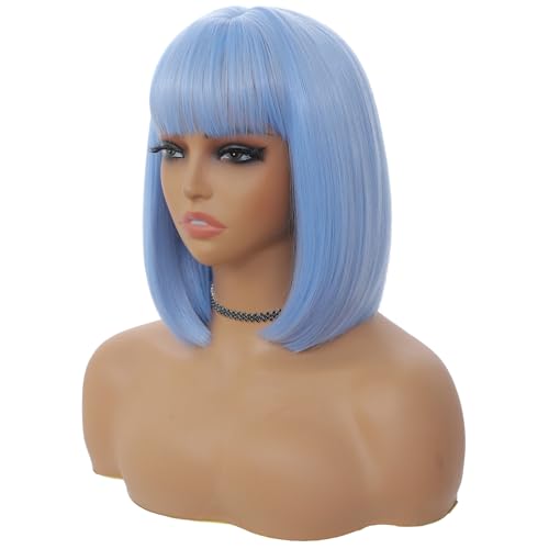 BEAUTIFA Light Blue Bob Wig with Bangs for Women 12 Inch Short Straight Blue Wigs Synthetic Colored Wigs