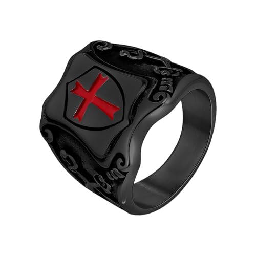 JewelryWe Bague Chevalière Homme Croix Templiers: Bague Croix Catholique des Croisés en Acier Inoxydable avec Motifs Vikings et 18K Plaqué Or – Bijou...