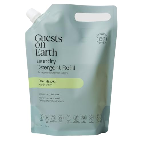 Guests on Earth Laundry Detergent Refill Pouch Green Hinoki No Bottle Highly Concentrated Liquid Laundry Soap 150 Loads HE Compatible Low Foam Sensitive Skin Friendly