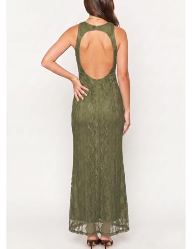 Image of Elegant Lace Floral V Neck Backless Bodycon Dresses for Women Sexy Cut Out Low Back Sleeveless Maxi Dress Wedding Guest