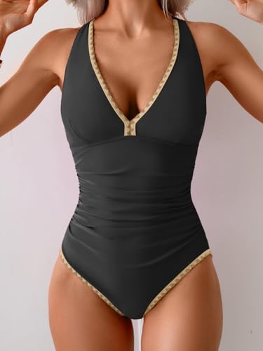 Image of B2prity One Piece Swimsuit for Women Tummy Control Ruched Bathing Suit Push Up Tie Back Swimwear Shell Stitched