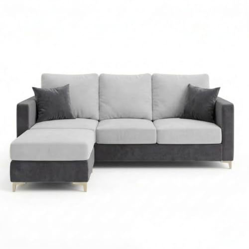 Image of Juliet Rich 4 Seater L Shape Sofa Set with Movable Ottomans | Flexible Layout | Velvet Suede Fabric | Golden Aesthetic Legs | Dual Tone Modern Sofa for Living Room (Dark Grey-Light Grey)