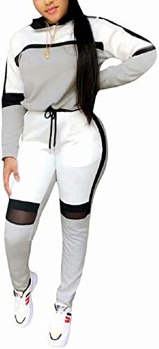 Women's Casual Sweatsuit Two Piece Outfits Patchwork Net Color Block Pocket Hooded Top Pant Set Jogger Tracksuit Gray M